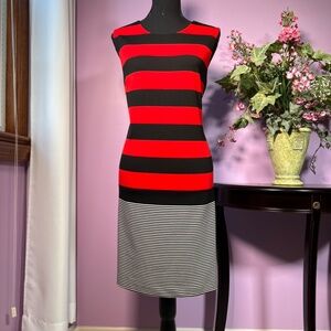 CALVIN KLEIN Red/Black/White STRIPED Color Block Sleeveless Sheath Dress Sz 14
